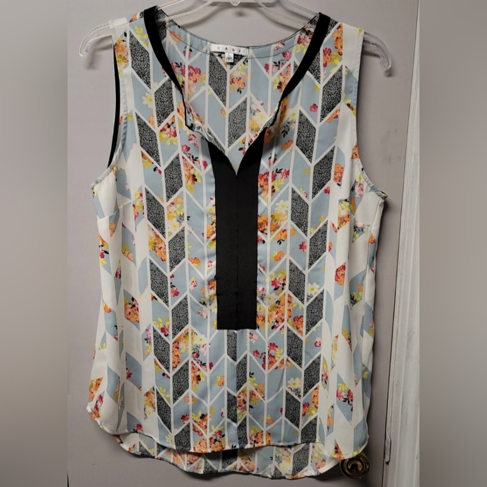 Large CAbi Keyhole Geometric Floral Sleeveless Tunic Top Blouse